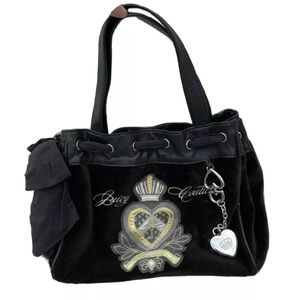 Juicy Couture Black Velour Y2K Shoulder Bag Silver Chain Perfume Crest Bow detai